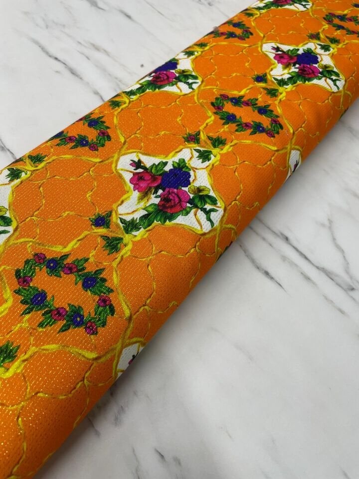 Altın Simli Vildan Çiçegi Desen Elbiselik Keten Kumaş