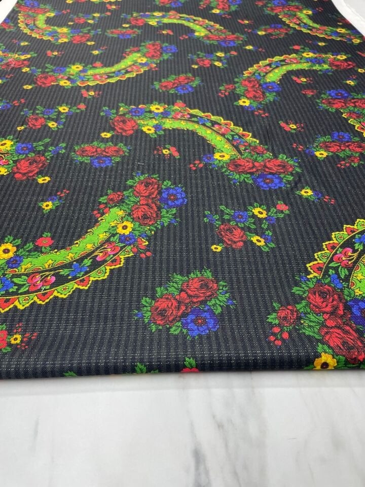 Altın Simli Türkmen Nakış Desen Elbiselik Keten Kumaş