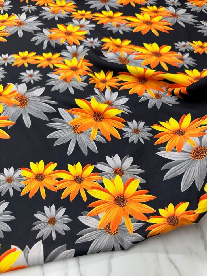 Sarı Lilyum Desen Elbiselik Gömleklik Krep Kumaş