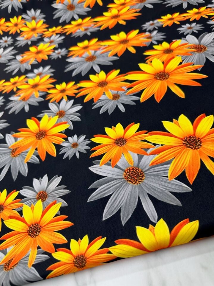 Sarı Lilyum Desen Elbiselik Gömleklik Krep Kumaş