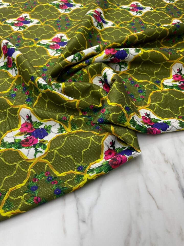 Altın Simli Vildan Çiçegi Desen Elbiselik Keten Kumaş