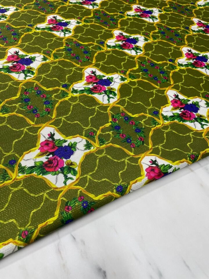 Altın Simli Vildan Çiçegi Desen Elbiselik Keten Kumaş