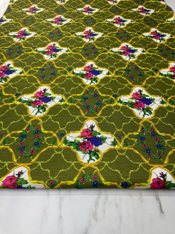 Altın Simli Vildan Çiçegi Desen Elbiselik Keten Kumaş