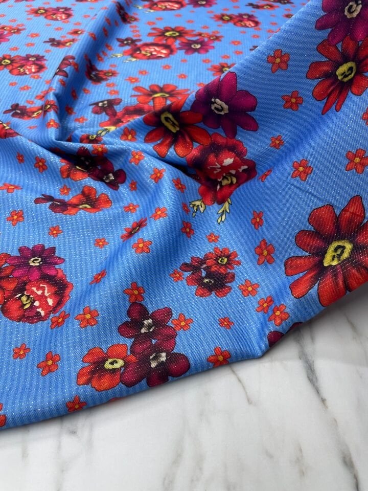 Altın Simli Mavi Türkmen Desen Elbiselik Keten Kumaş