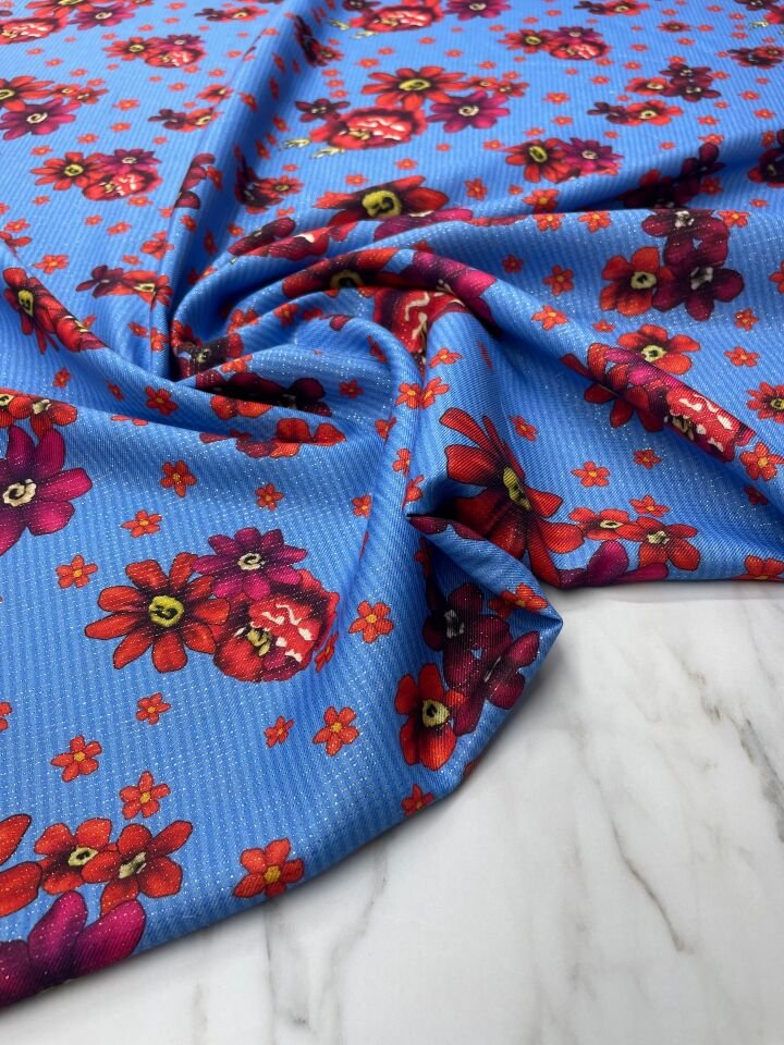 Altın Simli Mavi Türkmen Desen Elbiselik Keten Kumaş