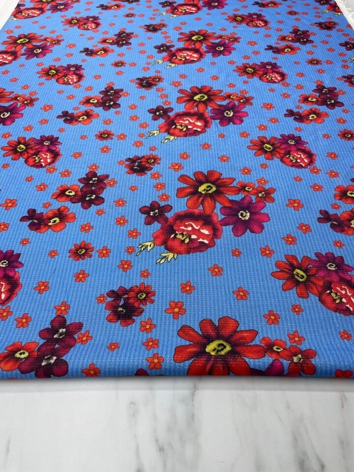 Altın Simli Mavi Türkmen Desen Elbiselik Keten Kumaş