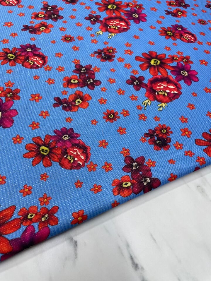 Altın Simli Mavi Türkmen Desen Elbiselik Keten Kumaş