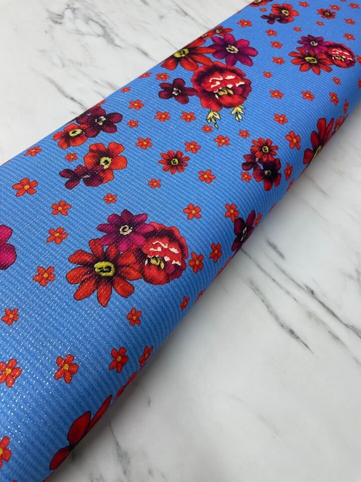 Altın Simli Mavi Türkmen Desen Elbiselik Keten Kumaş