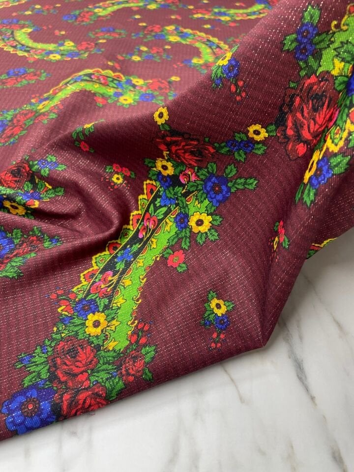 Altın Simli Türkmen Desen Elbiselik Keten Kumaş