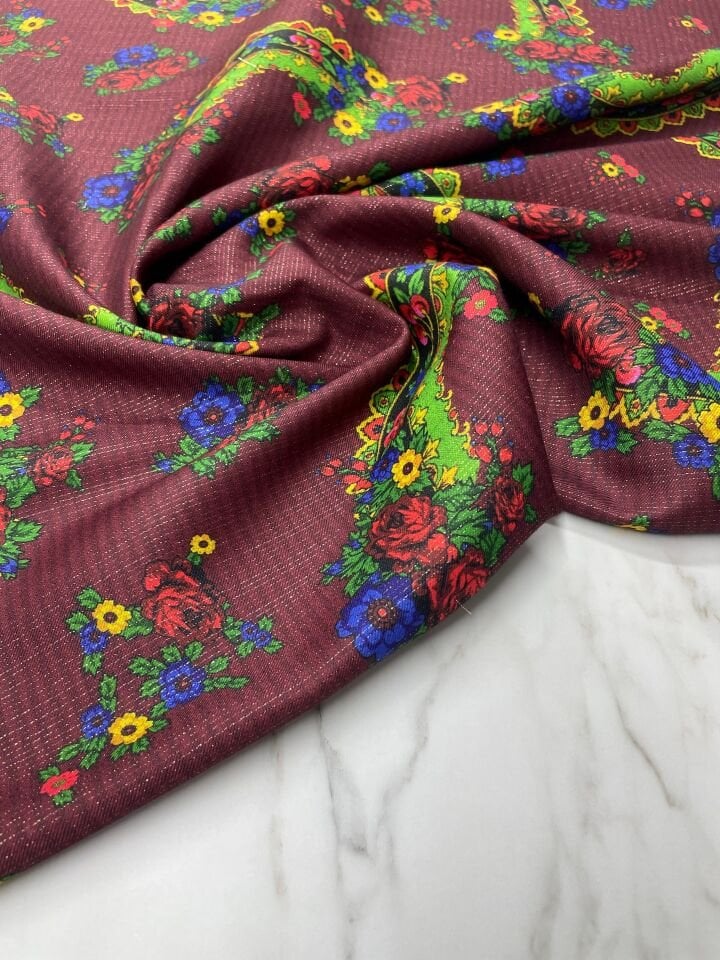 Altın Simli Türkmen Desen Elbiselik Keten Kumaş