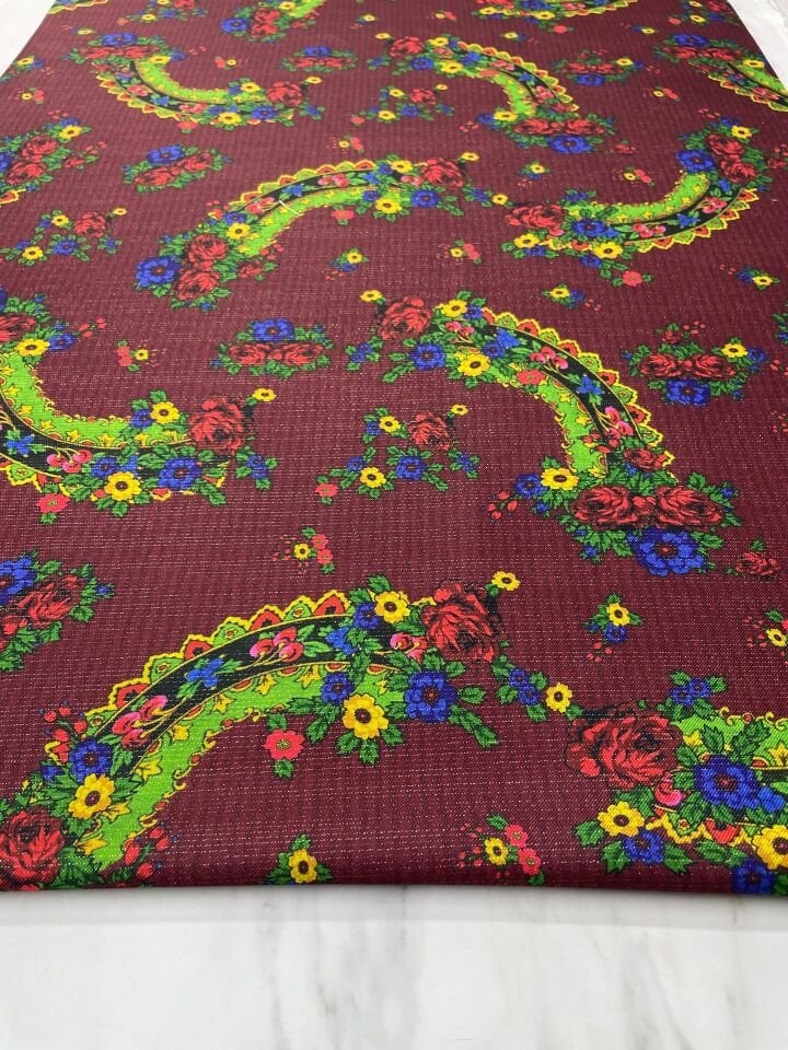 Altın Simli Türkmen Desen Elbiselik Keten Kumaş