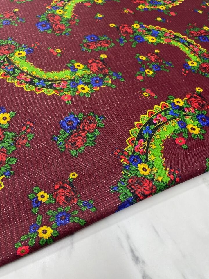 Altın Simli Türkmen Desen Elbiselik Keten Kumaş