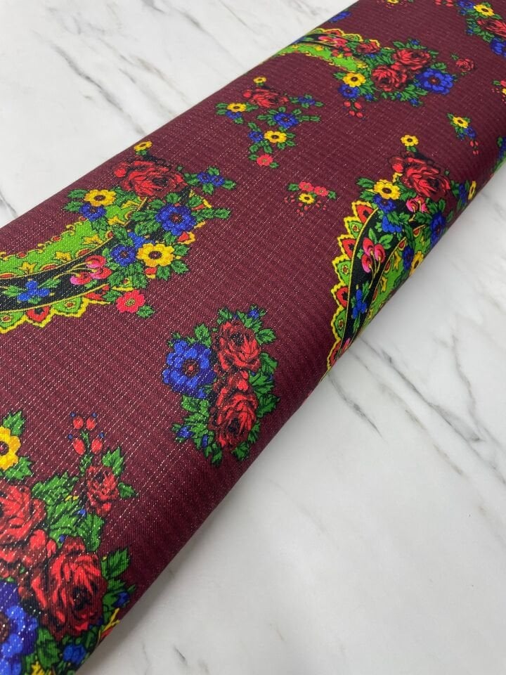 Altın Simli Türkmen Desen Elbiselik Keten Kumaş