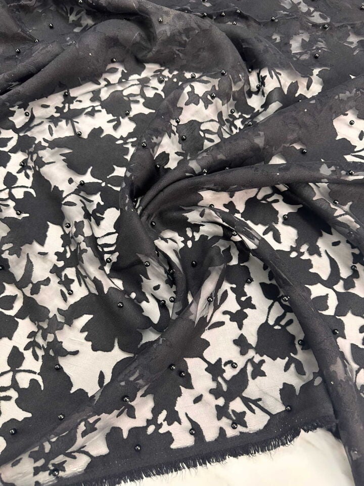 İnci İşleme Siyah Yakma Tül Abiye Elbise