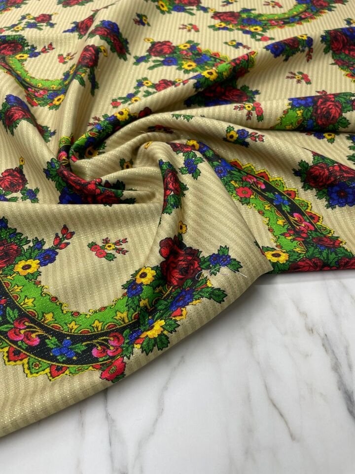 Altın Simli Türkmen Motif Elbiselik Keten Kumaş