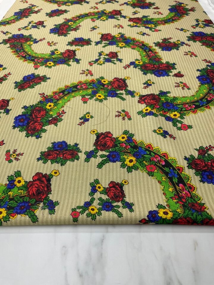 Altın Simli Türkmen Motif Elbiselik Keten Kumaş