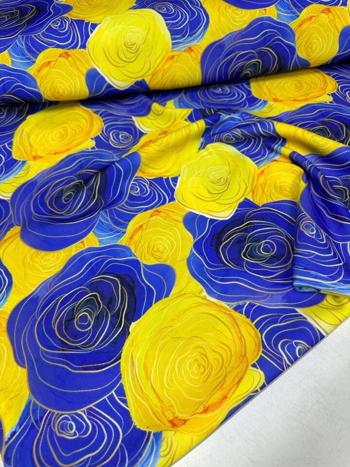 Sarı Mavi Gül Desen Elbiselik Gömleklik Krep Kumaş