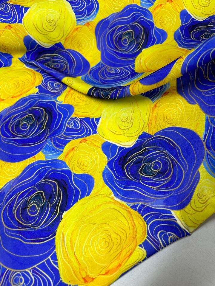 Sarı Mavi Gül Desen Elbiselik Gömleklik Krep Kumaş