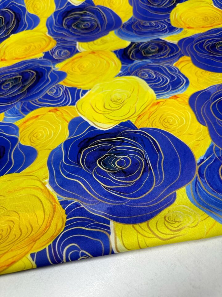 Sarı Mavi Gül Desen Elbiselik Gömleklik Krep Kumaş