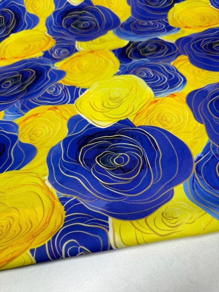 Sarı Mavi Gül Desen Elbiselik Gömleklik Krep Kumaş