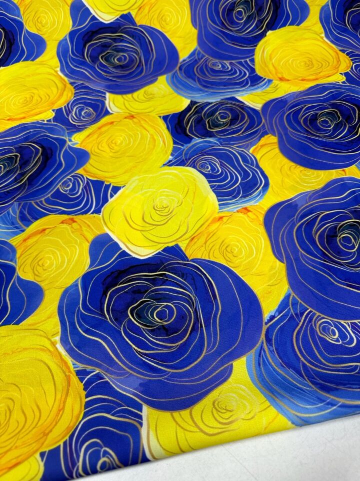 Sarı Mavi Gül Desen Elbiselik Gömleklik Krep Kumaş