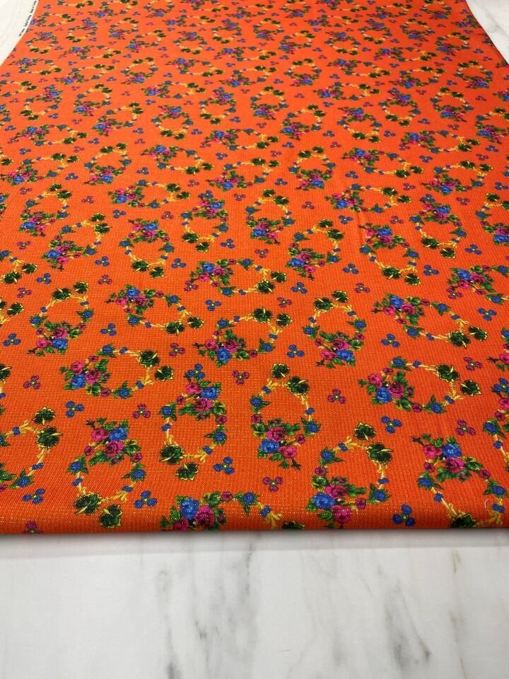 Altın Simli Çiçek Desen Elbiselik Keten Kumaş