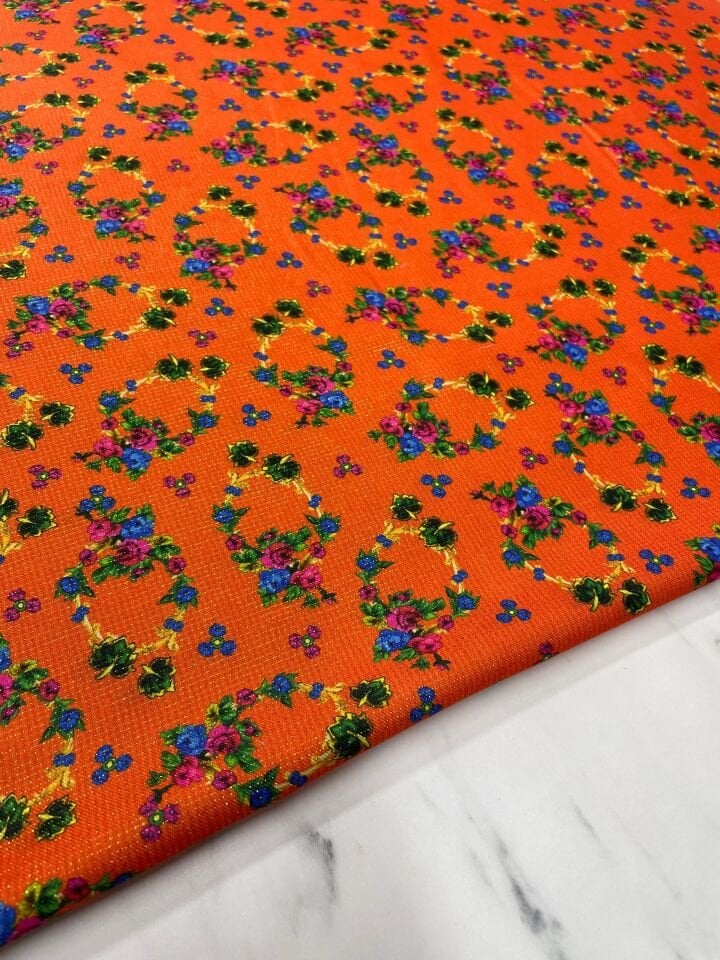 Altın Simli Çiçek Desen Elbiselik Keten Kumaş