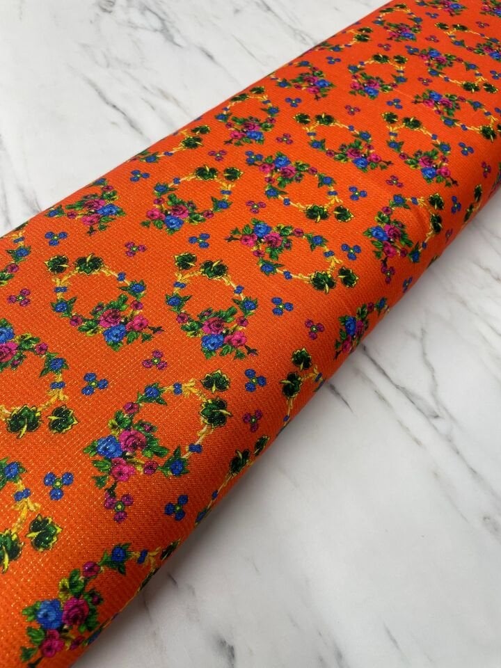 Altın Simli Çiçek Desen Elbiselik Keten Kumaş