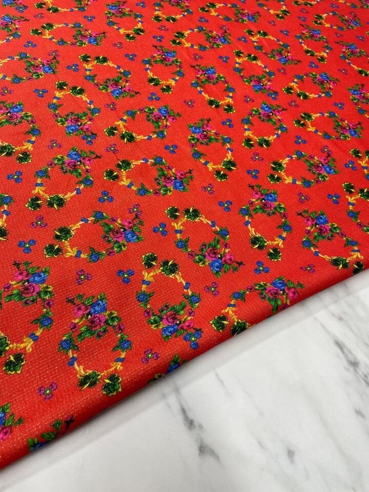 Altın Simli Çiçek Bahçesi Elbiselik Keten Kumaş