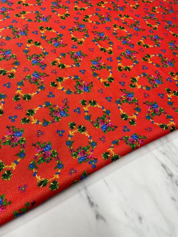 Altın Simli Çiçek Bahçesi Elbiselik Keten Kumaş