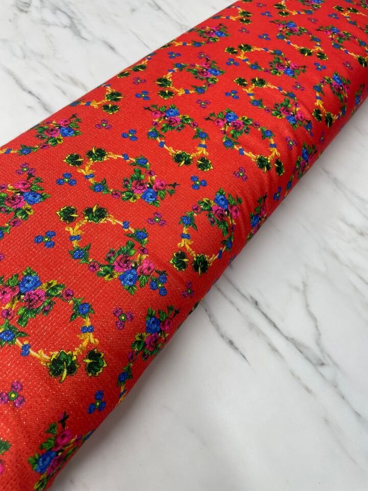 Altın Simli Çiçek Bahçesi Elbiselik Keten Kumaş