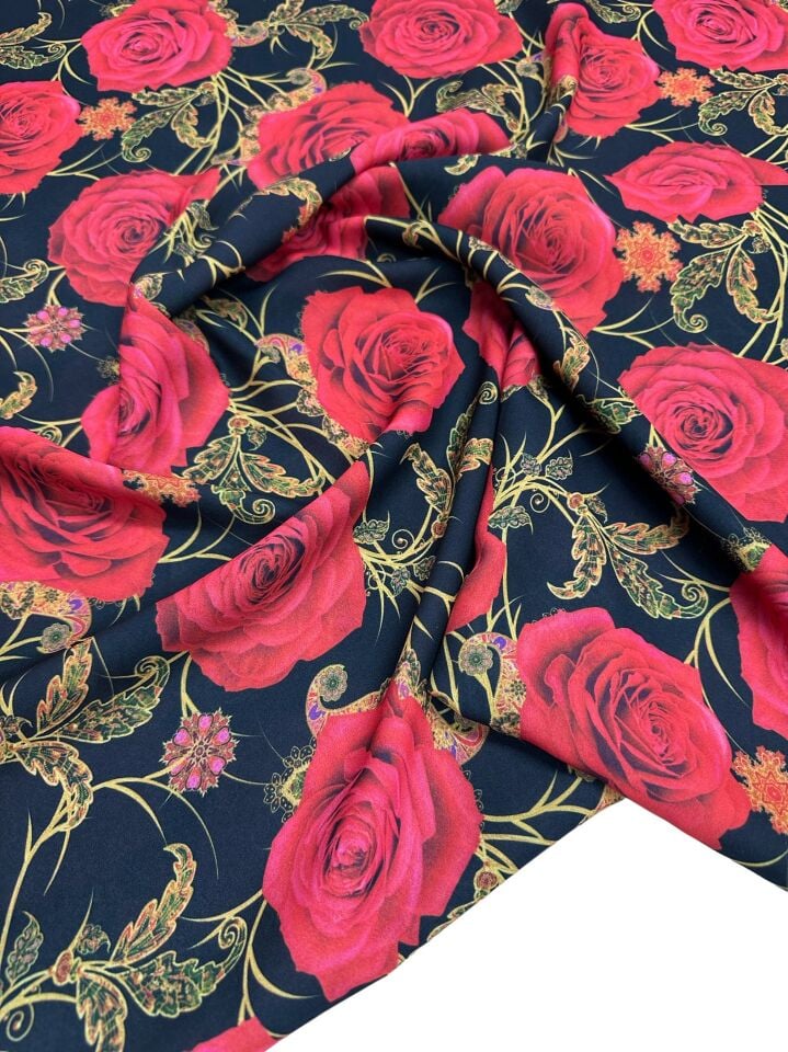Gül Desen Elbiselik Gömleklik Krep Kumaş