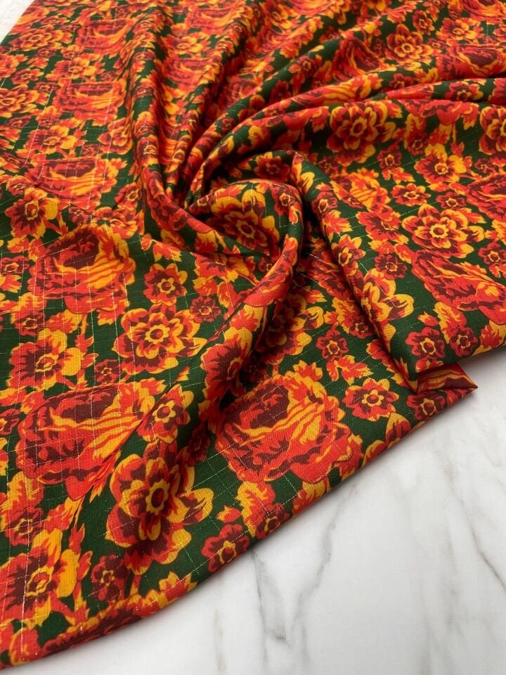 Altın Simli Neon Gülü Elbiselik Keten Kumaş