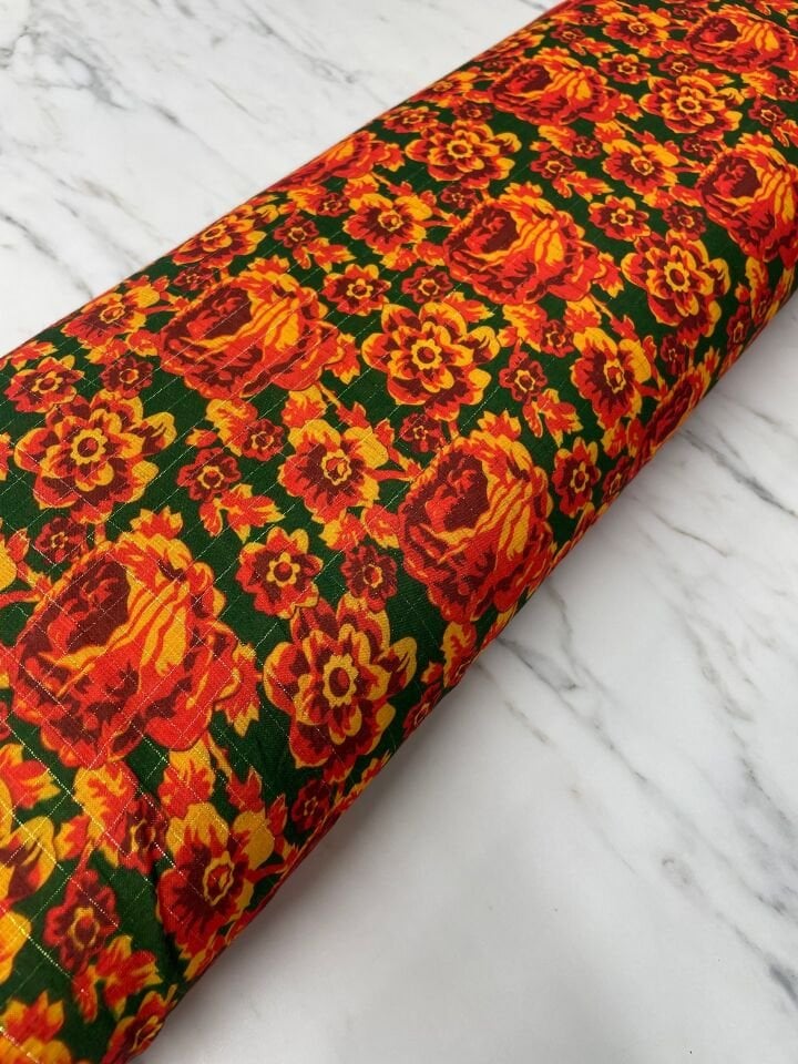 Altın Simli Neon Gülü Elbiselik Keten Kumaş