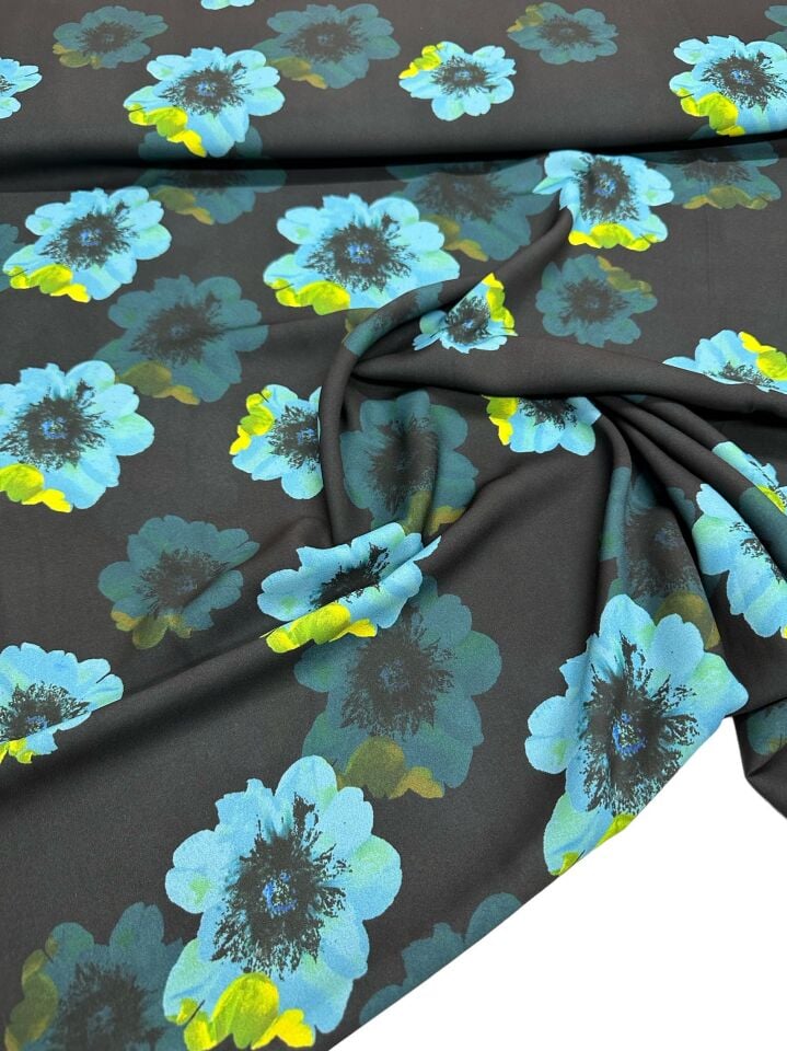 Mavi Geranium Desen Elbiselik Gömleklik Krep Kumaş