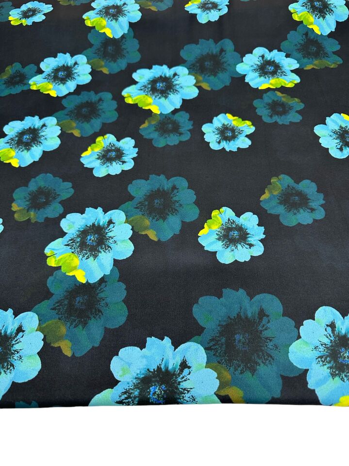 Mavi Geranium Desen Elbiselik Gömleklik Krep Kumaş