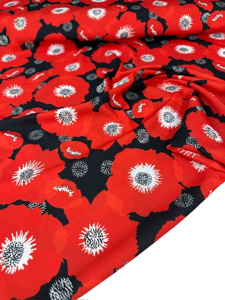 Kırmızı Geranium Desen Elbiselik Gömleklik Krep Kumaş