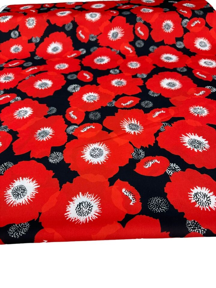 Kırmızı Geranium Desen Elbiselik Gömleklik Krep Kumaş