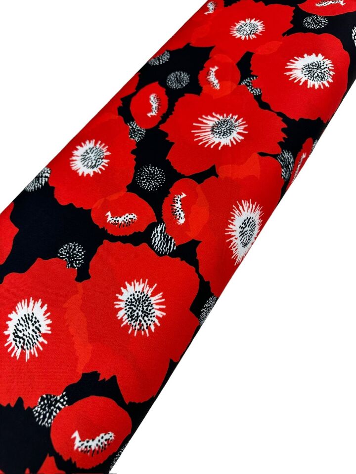 Kırmızı Geranium Desen Elbiselik Gömleklik Krep Kumaş