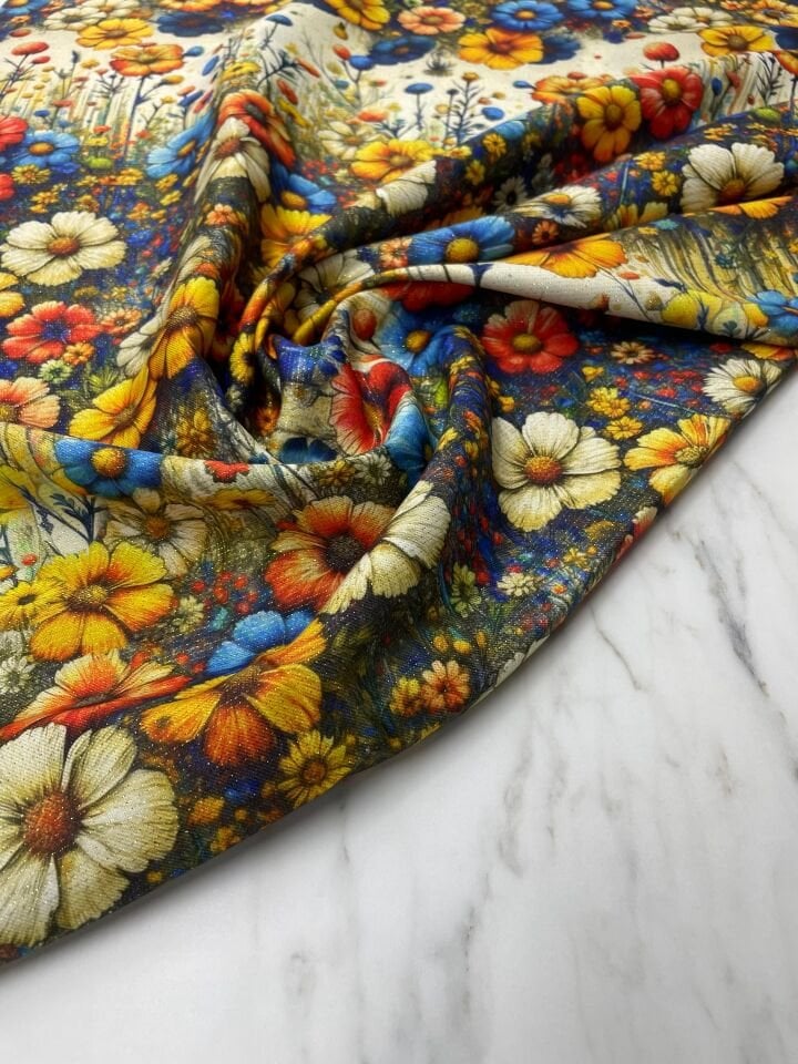 Altın Simli Zöhre Çiçegi Elbiselik Keten Kumaş