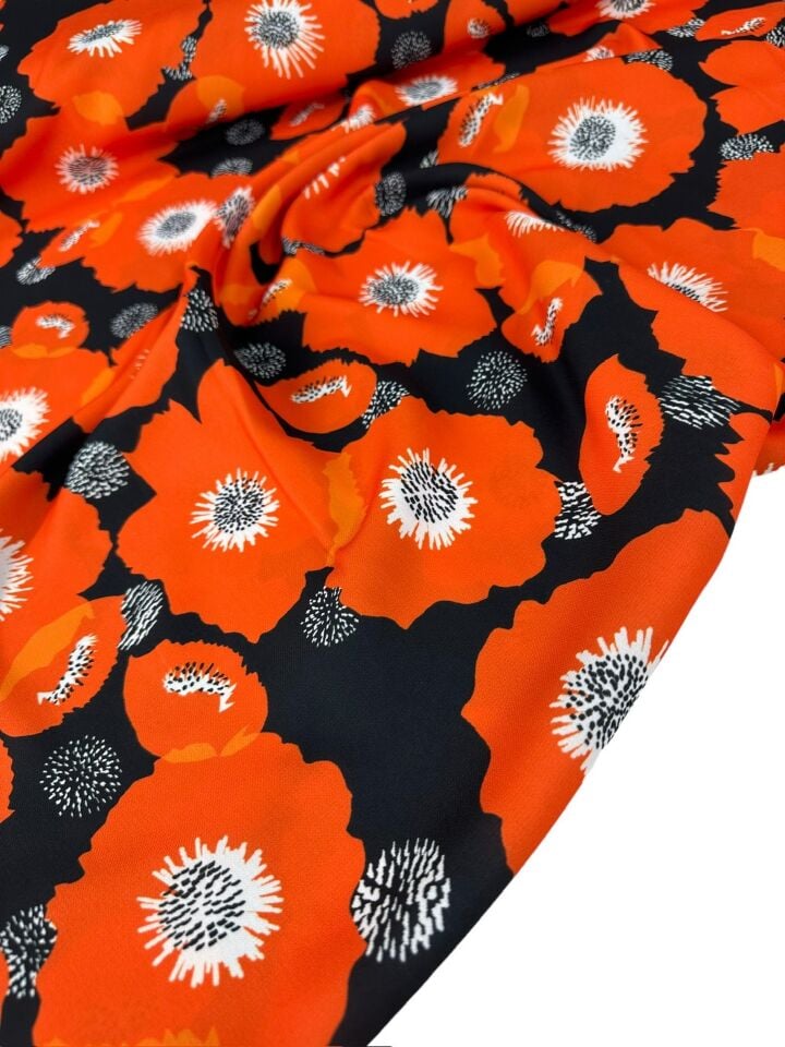 Turuncu Geranium Desen Elbiselik Gömleklik Krep Kumaş