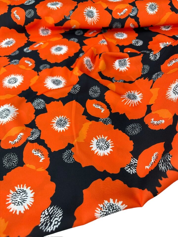 Turuncu Geranium Desen Elbiselik Gömleklik Krep Kumaş