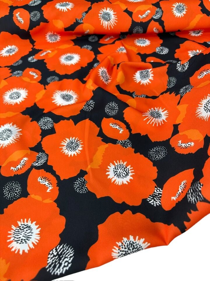 Turuncu Geranium Desen Elbiselik Gömleklik Krep Kumaş