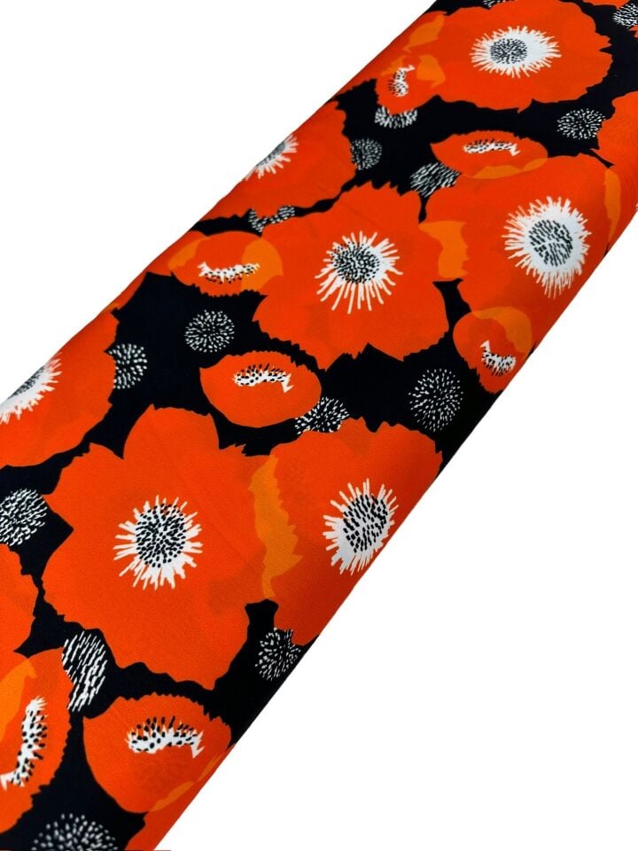 Turuncu Geranium Desen Elbiselik Gömleklik Krep Kumaş