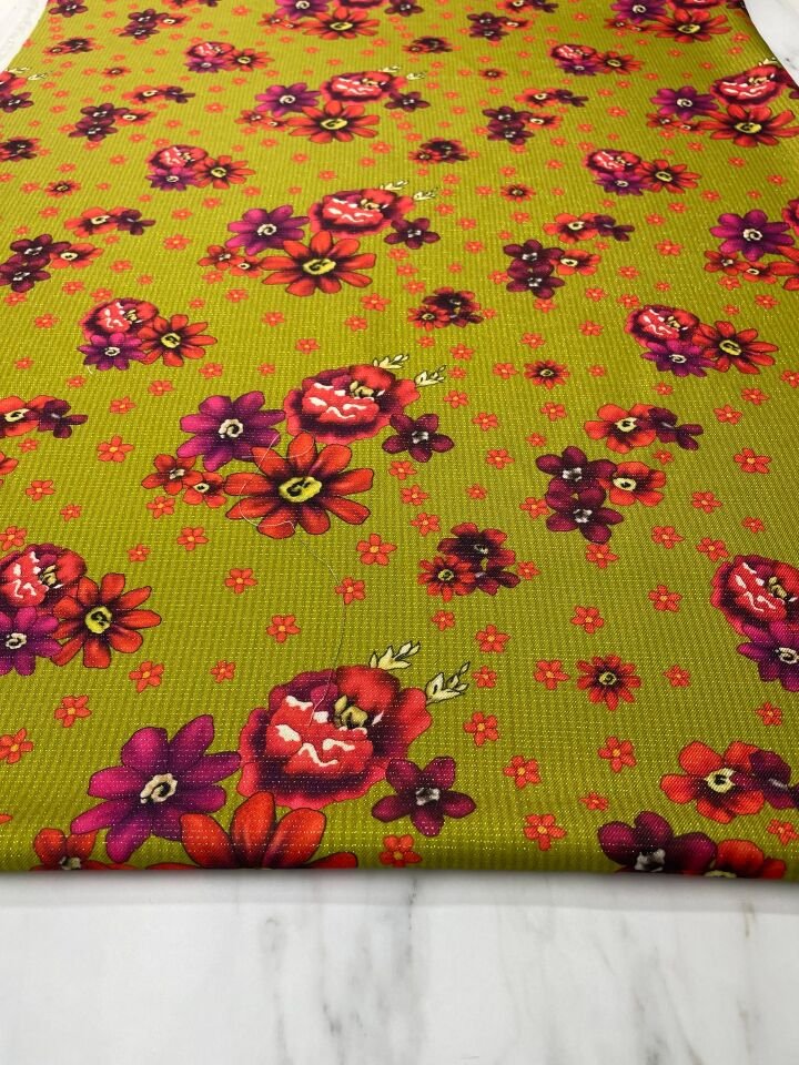 Altın Simli Mekşe Çiçegi Elbiselik Keten Kumaş