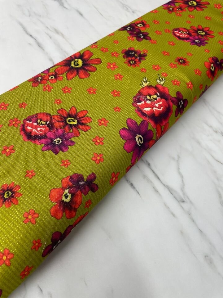 Altın Simli Mekşe Çiçegi Elbiselik Keten Kumaş