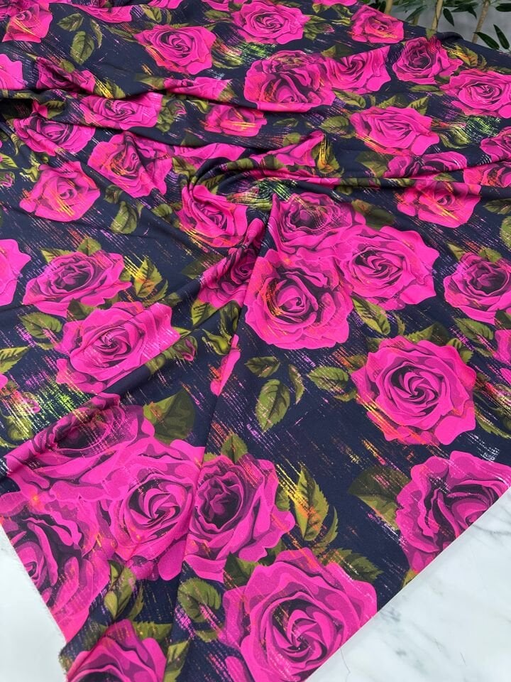 Pembe Gül Desen Elbiselik Gömleklik Krep Kumaş