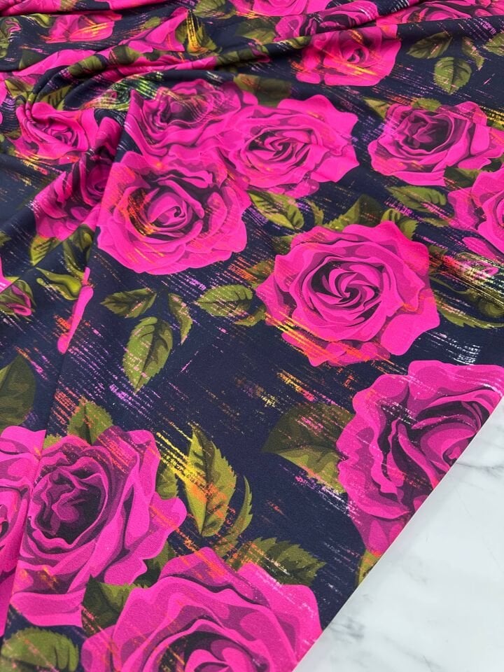 Pembe Gül Desen Elbiselik Gömleklik Krep Kumaş