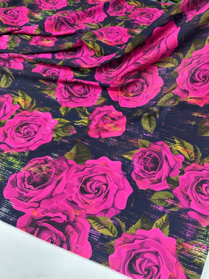 Pembe Gül Desen Elbiselik Gömleklik Krep Kumaş