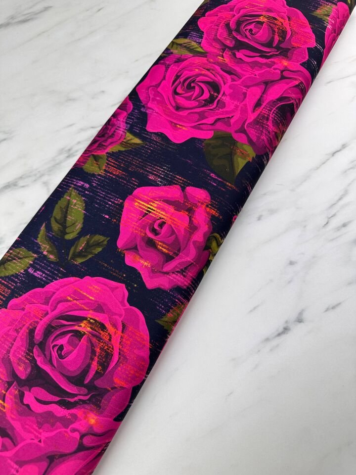 Pembe Gül Desen Elbiselik Gömleklik Krep Kumaş